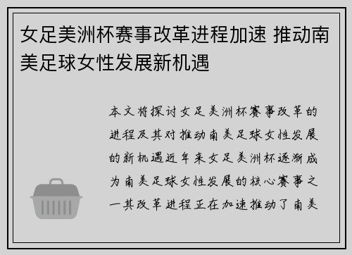 女足美洲杯赛事改革进程加速 推动南美足球女性发展新机遇