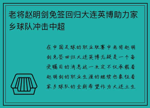老将赵明剑免签回归大连英博助力家乡球队冲击中超